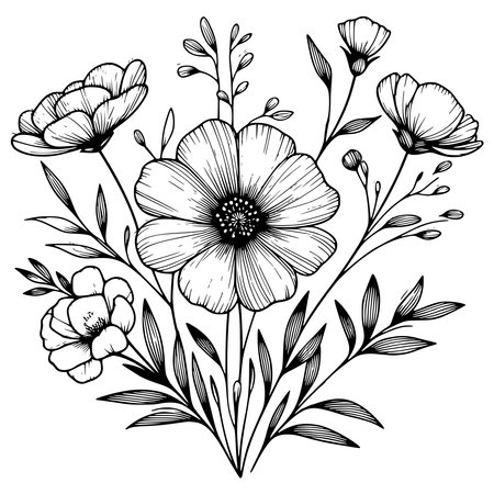 Vector hand drawn poppy flowers. Floral design elements. Black and white illustration.のイラスト素材