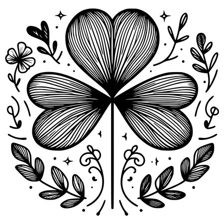 Hand drawn clover with floral ornament. Black and white vector illustration.のイラスト素材