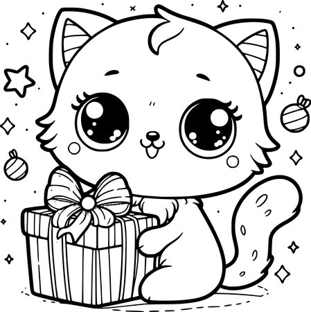 Black and White Cartoon Illustration of Cute Cat with Gift Box for Coloring Bookのイラスト素材