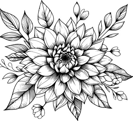 Dahlia flower and leaves. Black and white vector illustration.のイラスト素材
