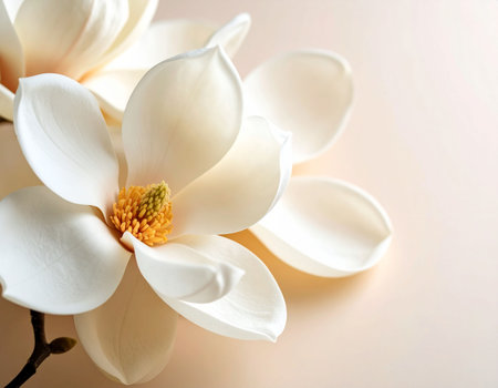 Beautiful magnolia flowers on light background, closeup. Space for textの素材