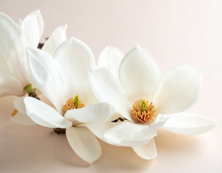 Beautiful magnolia flowers on light background, closeup. Space for textの素材