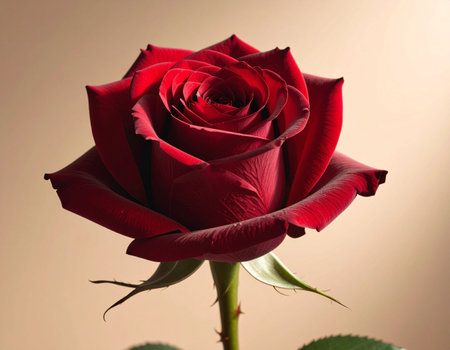 Beautiful red rose on a beige background, close-upの素材