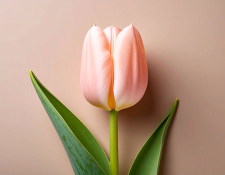 Pink tulip on beige background. Flat lay, top viewの素材