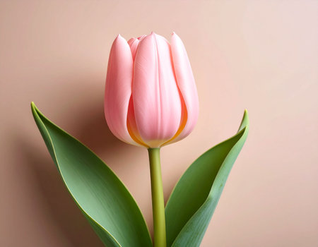 Beautiful pink tulip on a beige background. Flat lay.の素材