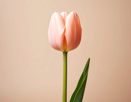 Pink tulip on a beige background. Tulip flower.の素材