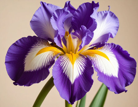 Purple and white iris flower on a beige background.の素材