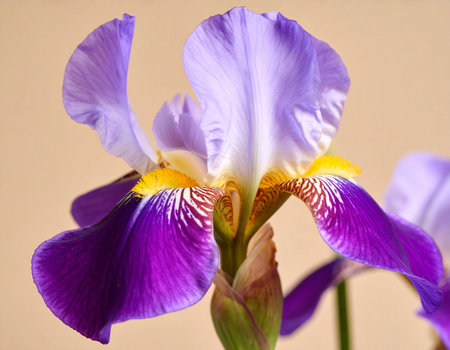 Beautiful purple iris flower on a beige background close upの素材