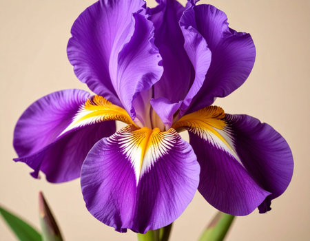 Purple iris flower close-up on a beige backgroundの素材