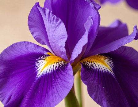 Purple iris flower close-up on a beige backgroundの素材