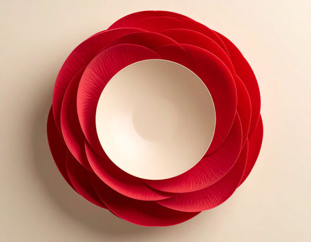 Circle made of red paper on white background. 3d renderの素材