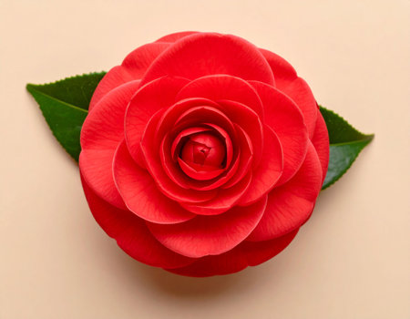 Red camellia flower on beige background. Top view.の素材