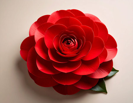 Beautiful red camellia flower on a beige background.の素材