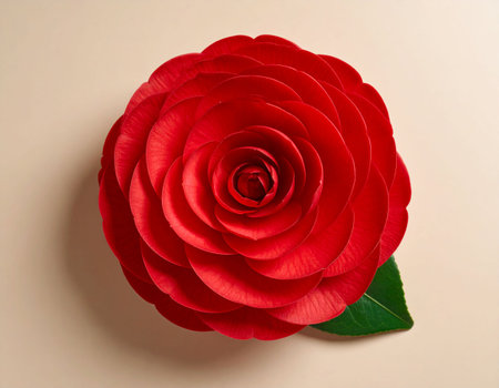 Beautiful red rose on beige background, top view. Flat layの素材