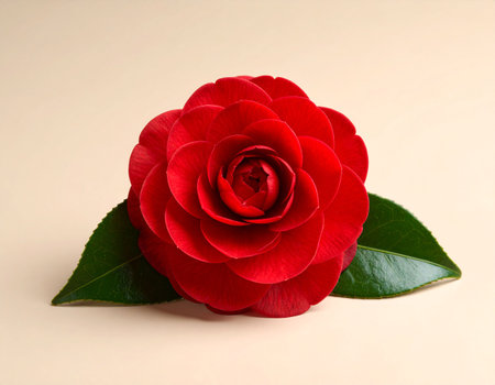 Red camellia flower on beige background. Close up.の素材