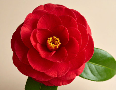 A close up of a red camellia flower on a white background.の素材
