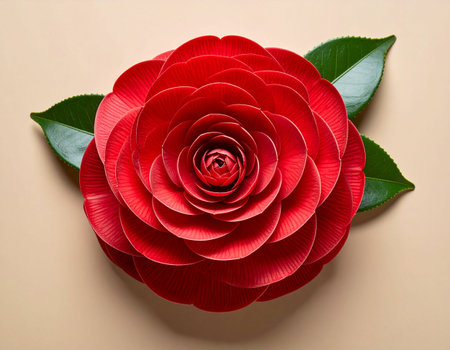 Red camellia flower on beige background. Top view.の素材