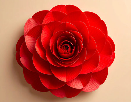 Beautiful red flower on a beige background. Top view.の素材