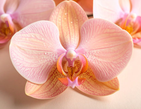 Beautiful orchid flower on light background, closeup. Space for textの素材
