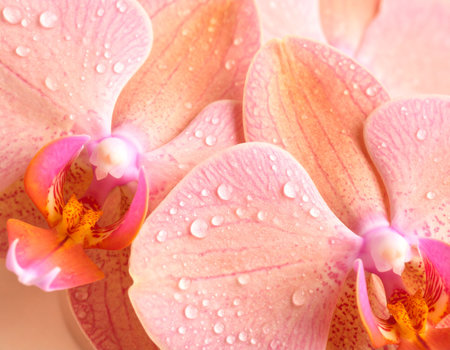 Close up of pink orchid flowers with water drops on petalsの素材