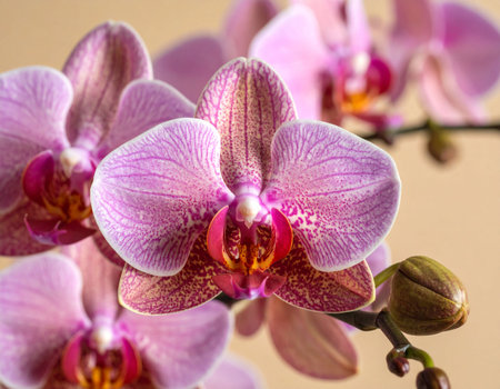 Beautiful purple orchid flower on beige background, close upの素材