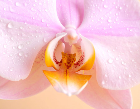 Close up of pink orchid flower with water drops on petalsの素材