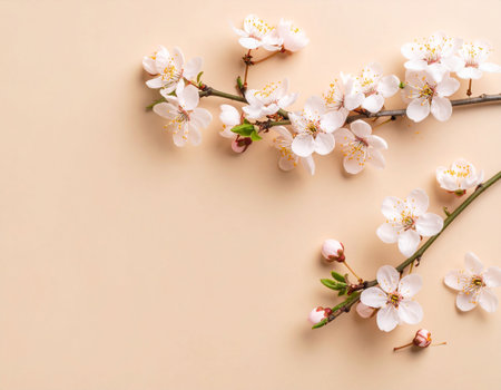 Cherry blossom branch on beige background. Spring flowers.の素材
