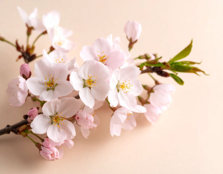 Beautiful cherry blossom branch on color background, closeup viewの素材
