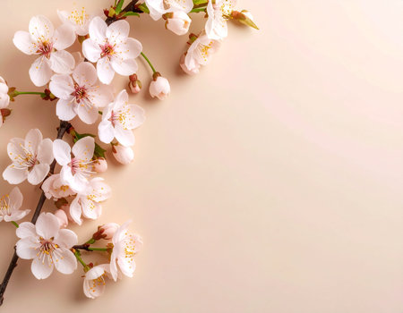 Cherry blossom flowers on pastel beige background. Flat lay, top viewの素材