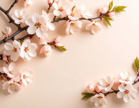 Cherry blossom branch on beige background with copy space.の素材