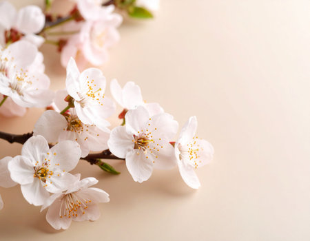 Cherry blossom branch on light background, closeup. Space for textの素材