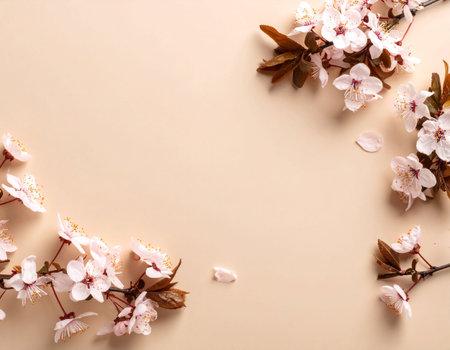 Flowers of cherry blossoms on beige background, top viewの素材