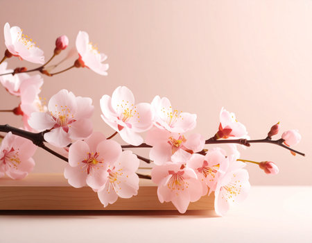 cherry blossom branch on pastel pink background with copy spaceの素材