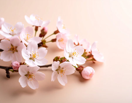 cherry blossom branch on beige background, shallow dofの素材