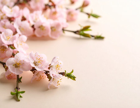 Beautiful blossoming branches on light background, closeup. Space for textの素材