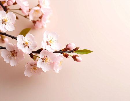 cherry blossom branch on a pastel pink background with copy spaceの素材