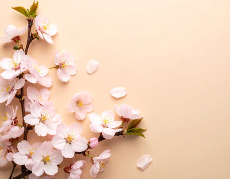 Cherry blossoms on beige background, top view. Space for textの素材