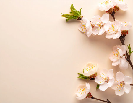 Cherry blossom branch on beige background with copy space.の素材
