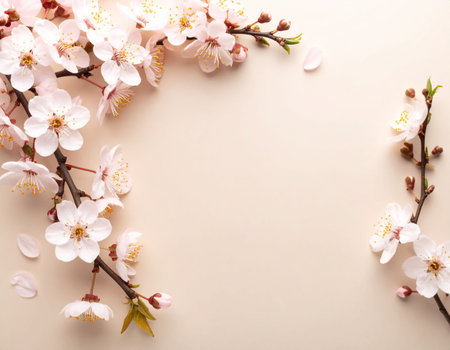 Beautiful cherry blossoms on light background, flat lay. Space for textの素材