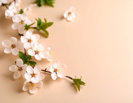 Cherry blossom branch on beige background. Spring flowers.の素材