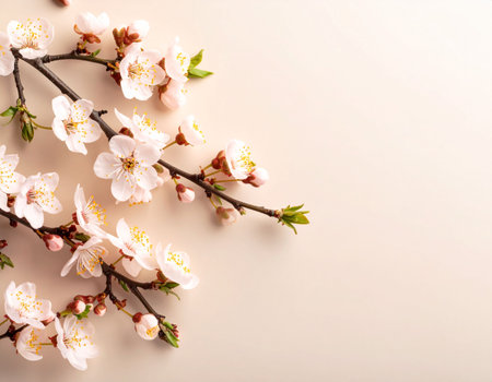 Cherry blossom branch on beige background. Spring flowers.の素材