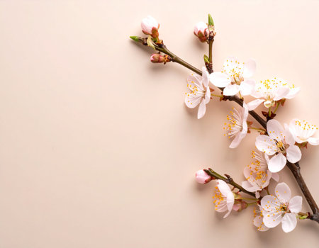Beautiful blossoming branches on color background, top view. Space for textの素材