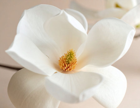 White magnolia flower on a beige background, close-upの素材