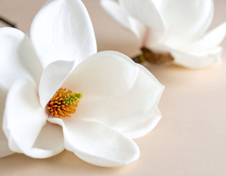 Beautiful white magnolia flower on a light background, closeupの素材