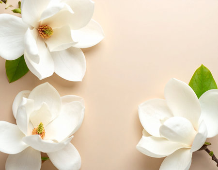 Beautiful magnolia flowers on color background, top view. Space for textの素材
