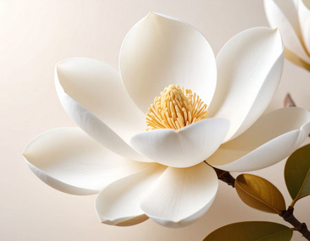 Beautiful white magnolia flower on a beige background close upの素材