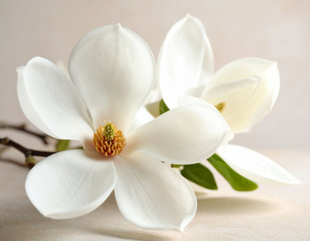 Beautiful magnolia flowers on light background, closeup. Space for textの素材