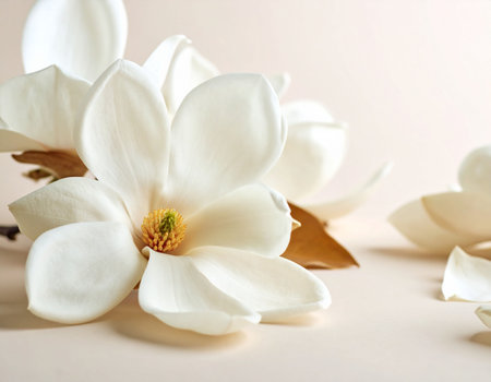 Beautiful magnolia flowers on light background, closeup. Space for textの素材