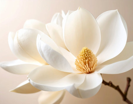 White magnolia flower on a beige background. Close up.の素材