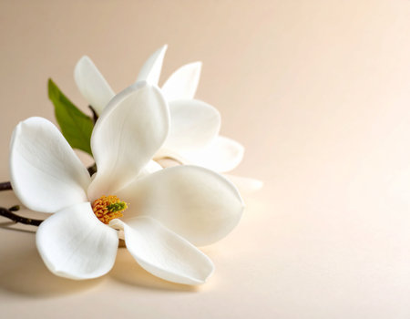 Beautiful magnolia flowers on light background, closeup. Space for textの素材